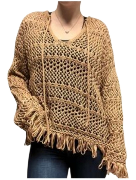 Sweaters - Gigio USA Open-Knit Fringe Crochet Boho Festival Tan Sweater Sz S (Oversized)